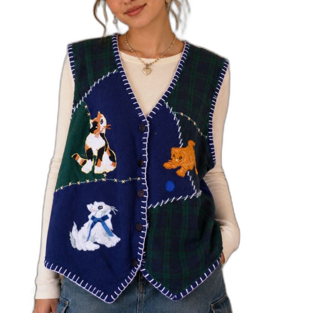 Vintage Cat Patchwork Embroidered Grandmacore Novelty Sweater Vest